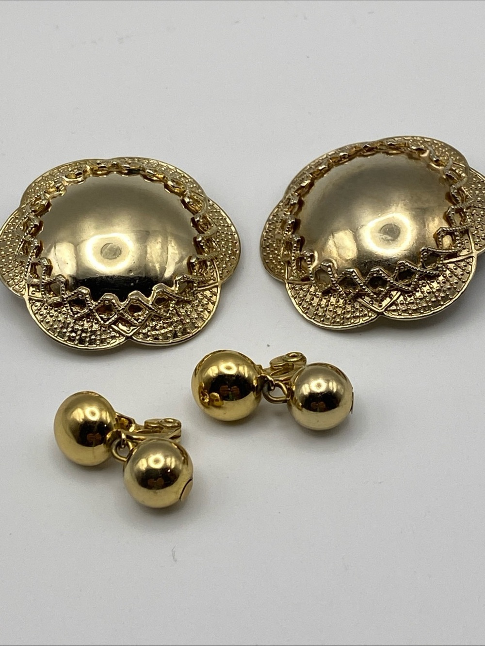 Vintage Gold Tone Clip On Earring Lot 2 Pairs Filigree Button & Ball Dangle